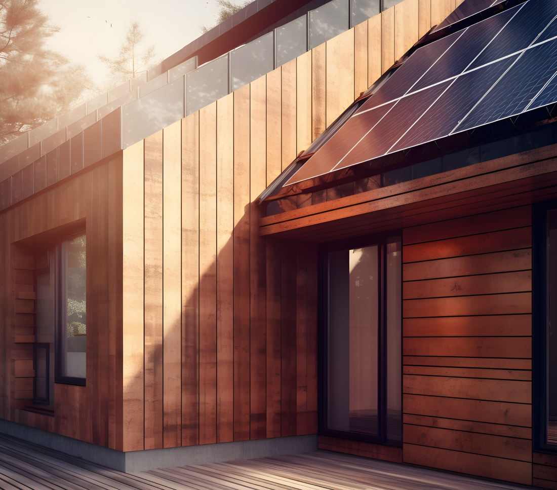 panneaux solaires sur le toit d'une maison en bois